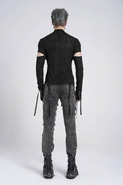 Black Long Sleeves Strap Lace-Up Irregular Mesh Men's Gothic T-Shirt