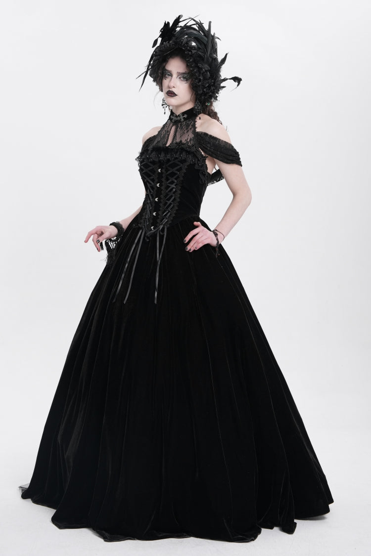 Black Off Shoulder Embroidery Lace Lace-Up Women's Gothic Gown Dress