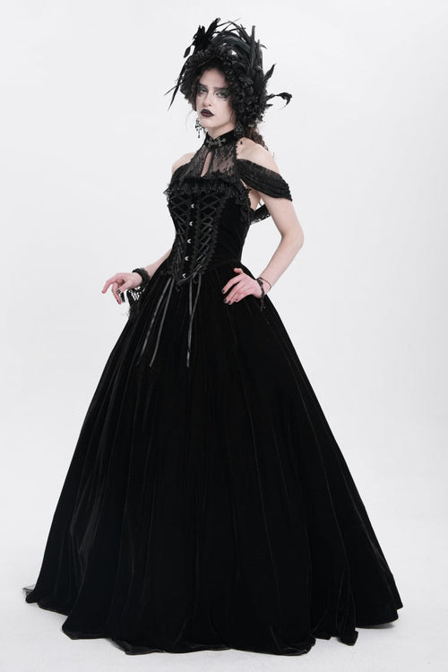 Black Off Shoulder Embroidery Lace Lace-Up Women's Gothic Gown Dress