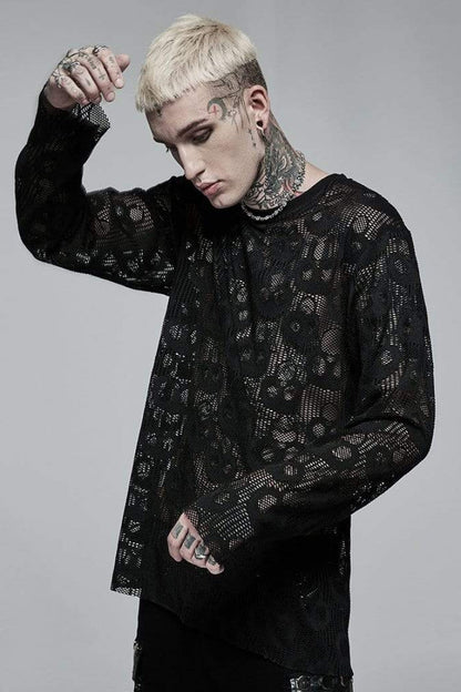 Black Long Sleeves Skull Print Lace Sheer Mesh Men's Steampunk T-Shirt