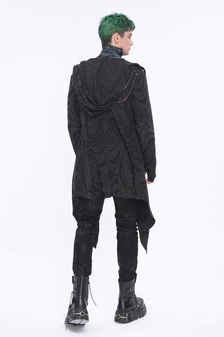 Black Lrregular Back Multi Chain Long Men's Gothic Coat With Hood