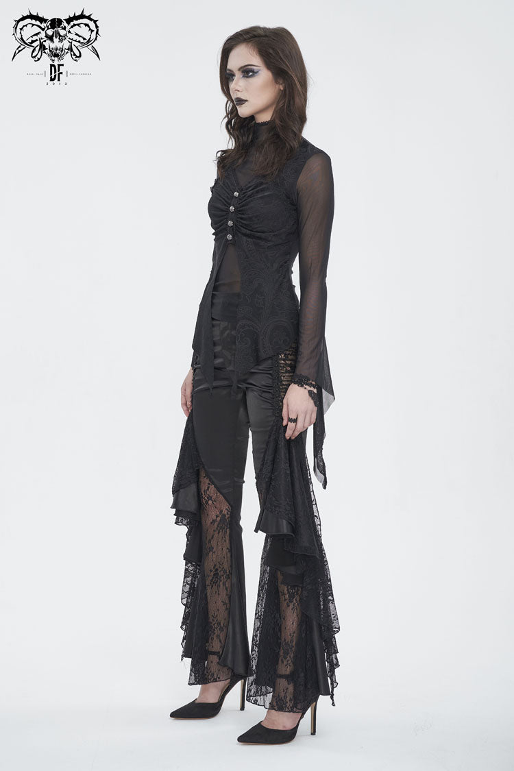 Black Jacquard Mesh Ruffled Long Sleeved Gothic Women's Shirt