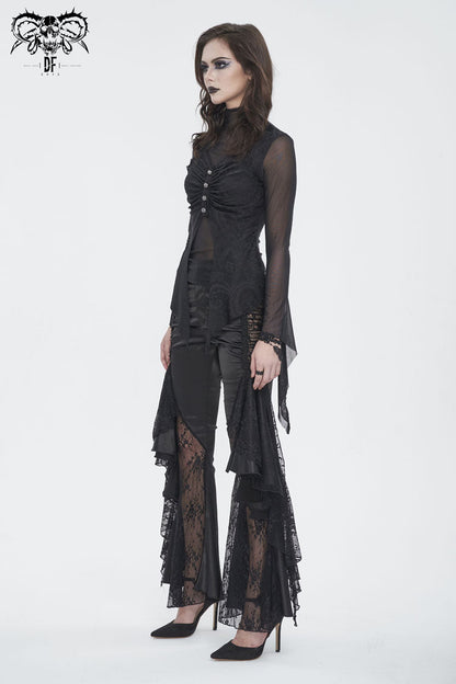 Black Jacquard Mesh Ruffled Long Sleeved Gothic Women's Shirt