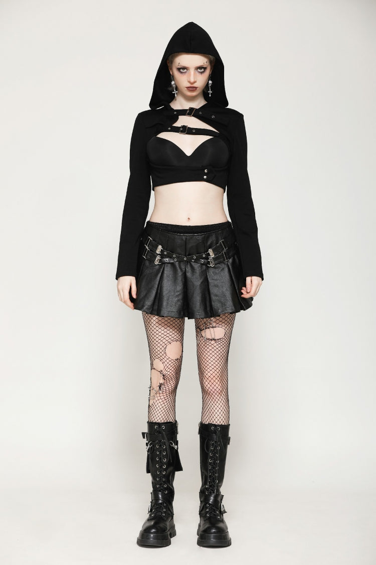 Black Low Waisted Buckle-Up Women's Punk PU Leather Pleated Mini Skirt