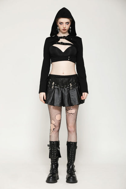 Black Low Waisted Buckle-Up Women's Punk PU Leather Pleated Mini Skirt