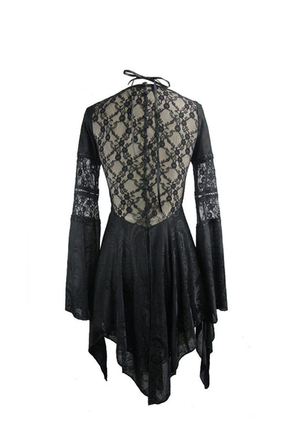 Black Perspective Mesh-yarn Long-sleeve Lace Front Short And Back Long Women's Gothic Blouse
