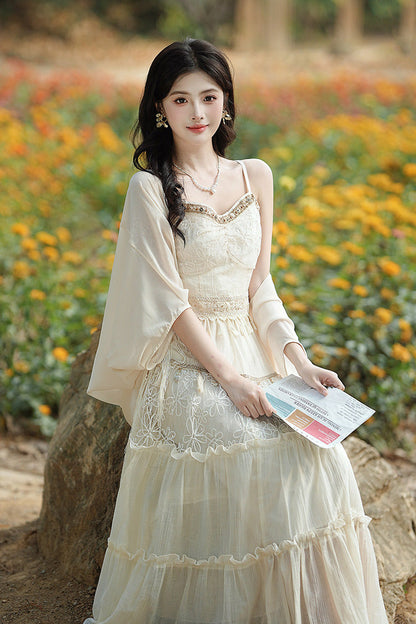 Apricot Bohemian Style Sleeveless Ruffled Embroidered Sweet Lolita Skirt Set