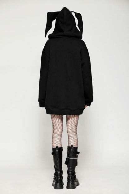 Black Long Sleeves Zippered Women's Gothic Batwing Hoodie