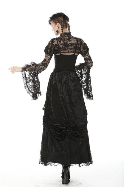 Black Long Puff Sleeves Sheer Floral Lace Lace-Up Women's Gothic Cape