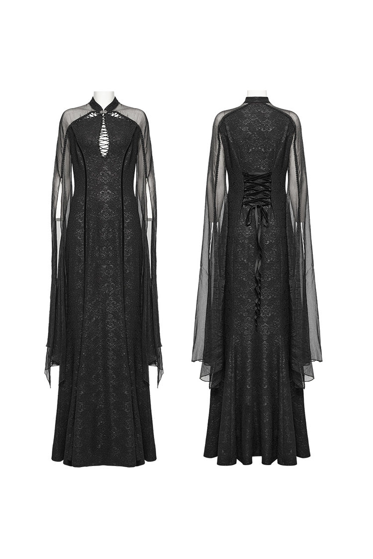 Black Cheongsam Collar Chiffon Stitching Ripped Women's Gothic Dress