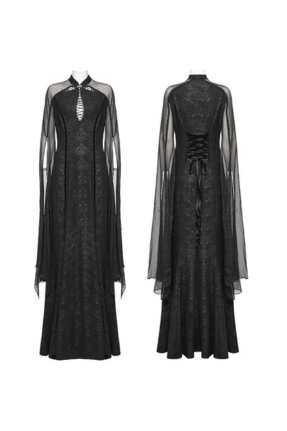 Black Cheongsam Collar Chiffon Stitching Ripped Women's Gothic Dress