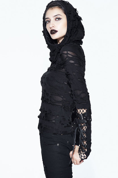 Black Hooded Ripped Finger Covered Splice Mesh Leather Loop Lace Up Women's Punk Shirt