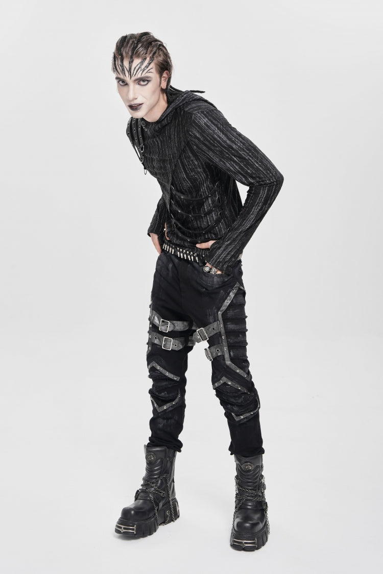 Black Buckle Straps Pleated Men's Punk Pants