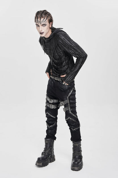 Black Buckle Straps Pleated Men's Punk Pants