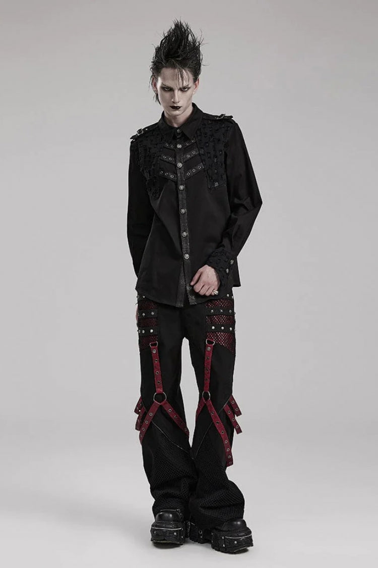 Black Hollow Hole Stitching Mens Steampunk Blouse