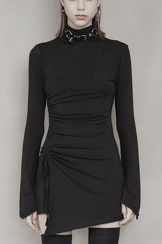 Black Cashmere Knitting Cross Fold Tie Rope Design High Collar Pleated Fit Women's Punk Dress