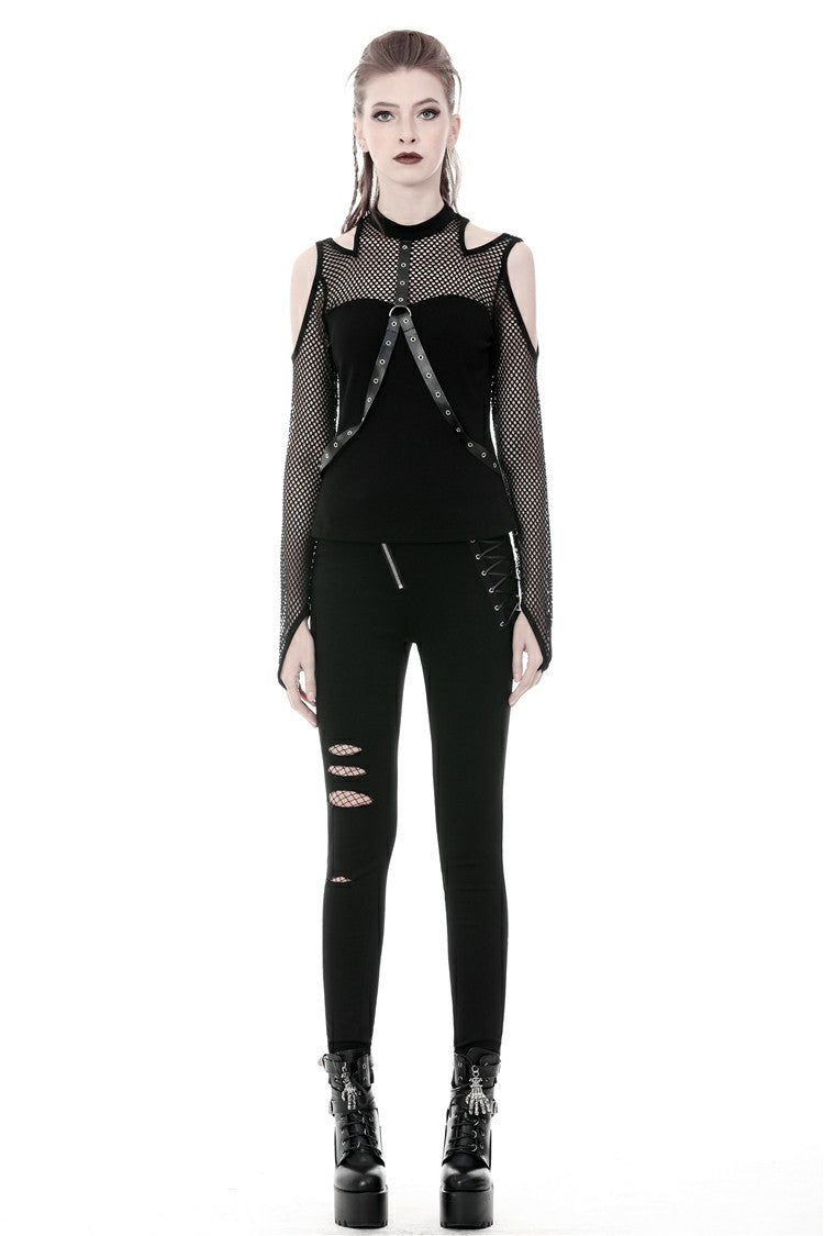 Black Off Shoulder Long Sleeves Mesh Crossed Harness Straps Eyelet Sexy Women's Punk Top