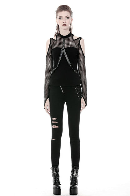 Black Off Shoulder Long Sleeves Mesh Crossed Harness Straps Eyelet Sexy Women's Punk Top