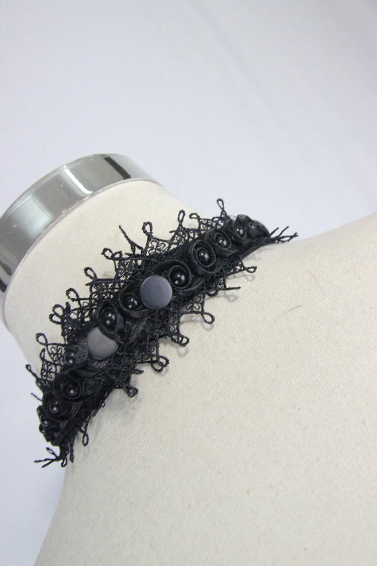 Black Lace Jacquard Jewel Pins Men's Gothic Tie