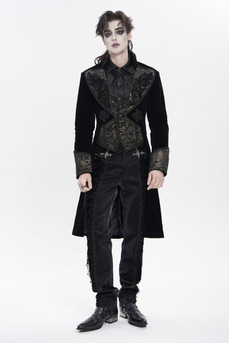 Black Lapel Collar Long Sleeves Jacquard Embroidered Slim Color-Blocked Men's Gothic Jacket