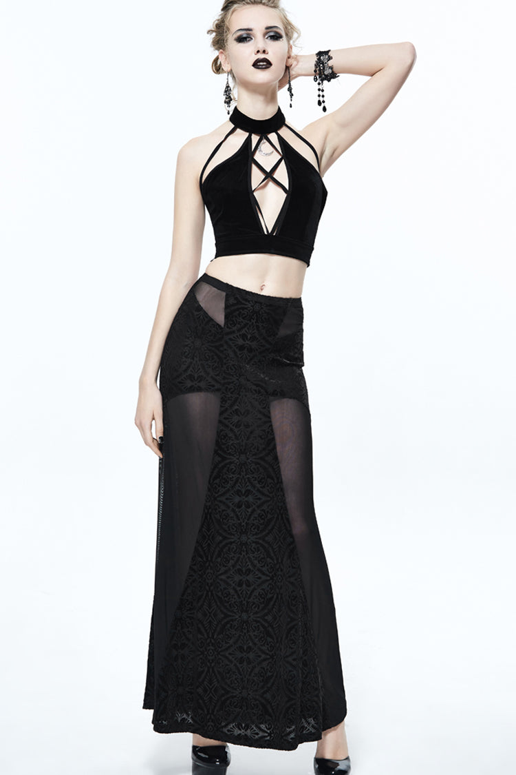 Black Chest Lace Up Dense Velvet Moon Pendant Backless Women's Gothic Vest