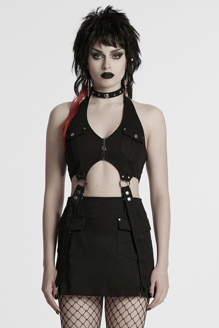 Black Halterneck Women's Punk Tank Top with Skirt Set