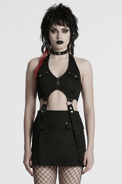 Black Halterneck Women's Punk Tank Top with Skirt Set