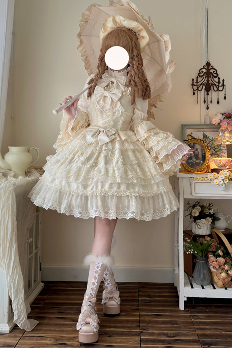 Apricot [Love and Heart Flutter] Sleeveless Multi-Layered Ruffle Bowknot Lace Pearl Sweet Lolita Jsk Dress