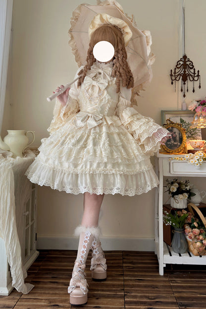 Apricot [Love and Heart Flutter] Sleeveless Multi-Layered Ruffle Bowknot Lace Pearl Sweet Lolita Jsk Dress