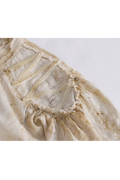 Beige Stand Collar Lantern Sleeves Print Lace Women's Punk Blouse