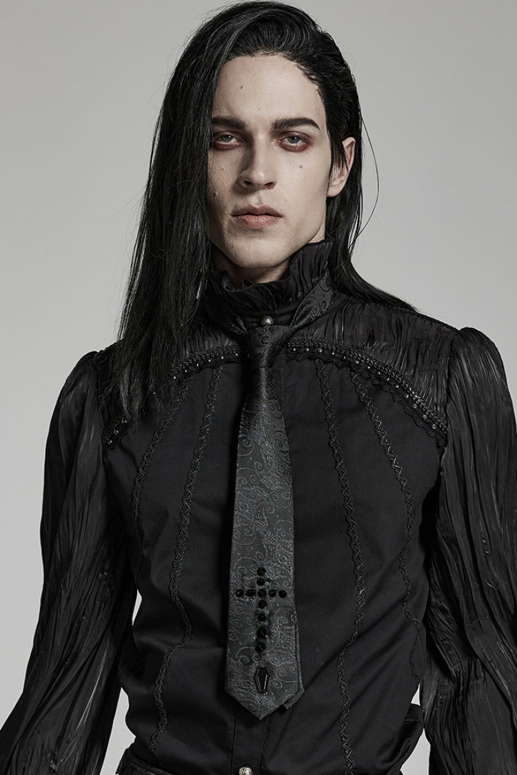 Black Cross Spike Print Embroidery Men's Gothic Tie