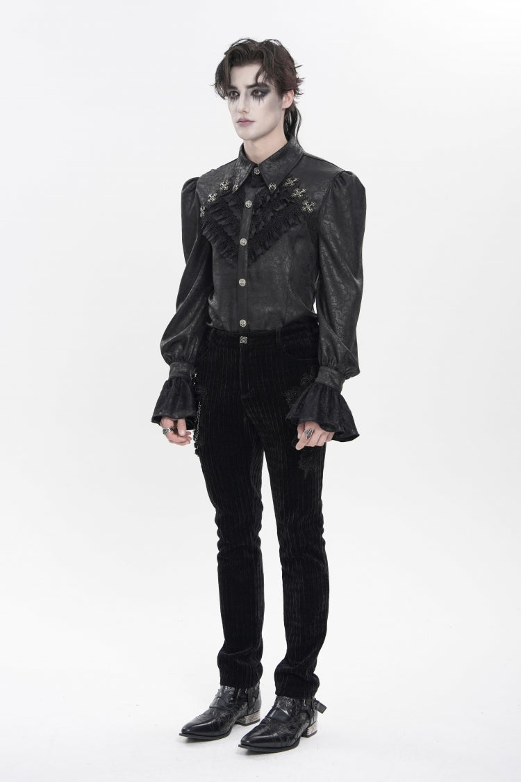 Black Cross Spider Turn-down Collar Long Trumpet Sleeves Printed Lace Men's Gothic Shirt