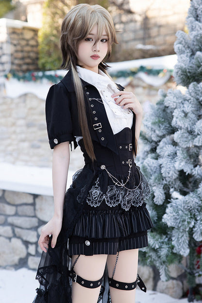 Black Lapel Collar Short Sleeves Lace Prince Ouji Lolita Three-piece Set