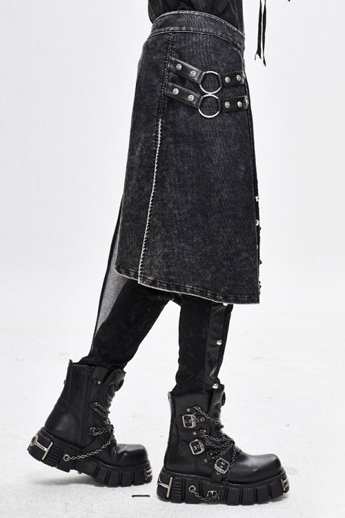 Black Band Metallic Nailed Punk Rock Worn Corduroy Wrapped Mens Skirt With Loops