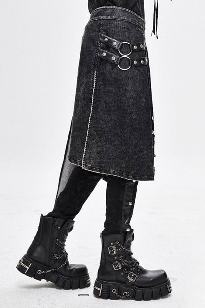 Black Band Metallic Nailed Punk Rock Worn Corduroy Wrapped Mens Skirt With Loops