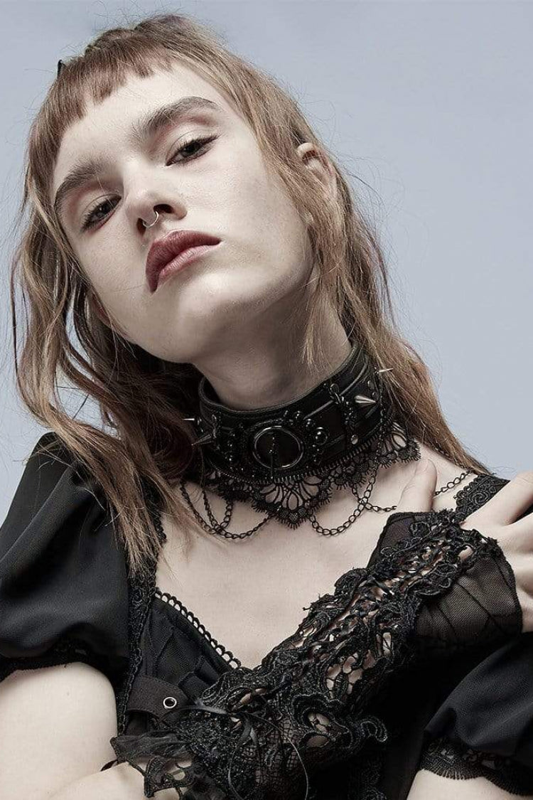 Black Leather Metal Rivets Lace Women's Gothic Chocker