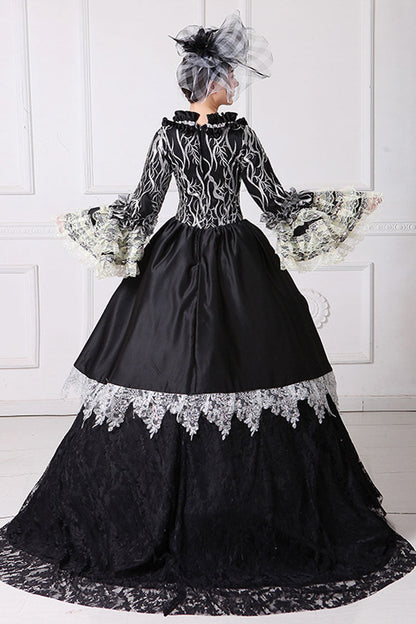 Black Multi-Layer Lace Stitching Trumpet Sleeves High Waisted Hollow Floral Embroidery Victorian Lolita Prom Dress