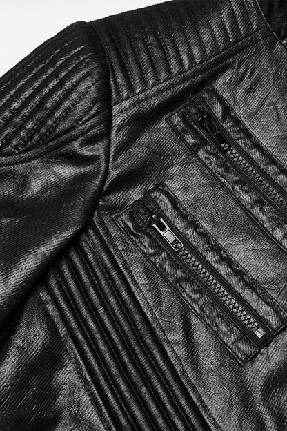 Black Long Sleeves Ruched Faux Leather Stitching Hooded Detachable Men's Punk Coat