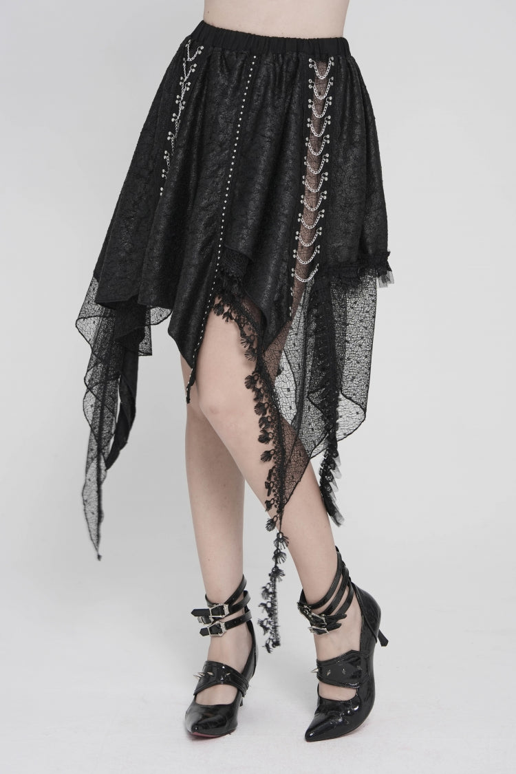 Black Lace Irregular Chain-Decorated Women's Punk Streamer Skirt