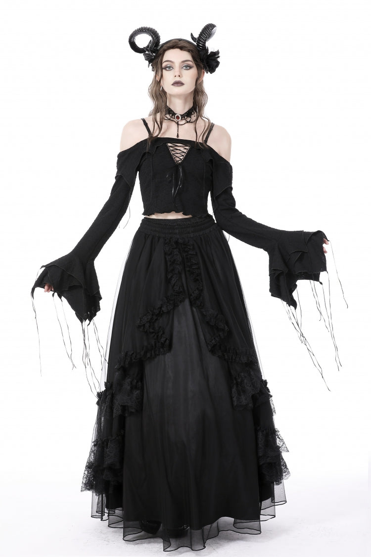 Black Off Shoulder Long Trumpet Sleeves Lace-Up Women's Gothic Sexy Crop Top
