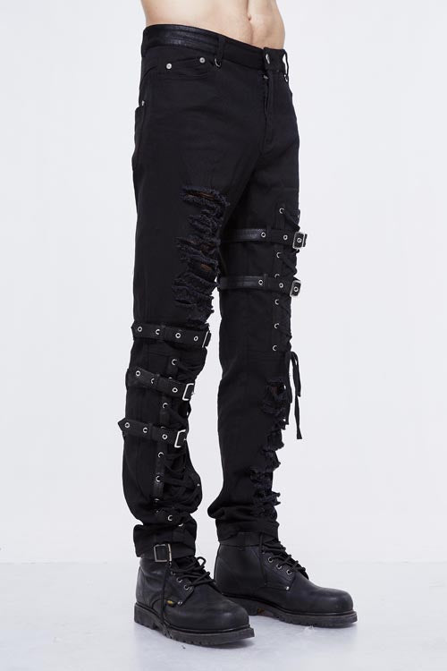 Black Asymmetric Loops Ragged Punk Rock Broken Holes Bandage Mens Pants