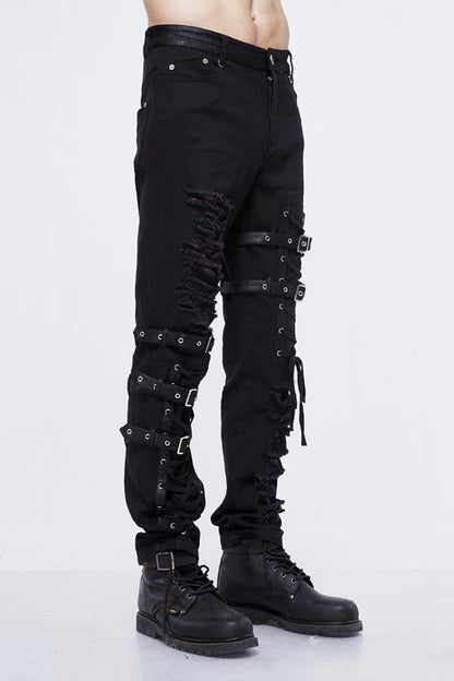 Black Asymmetric Loops Ragged Punk Rock Broken Holes Bandage Mens Pants