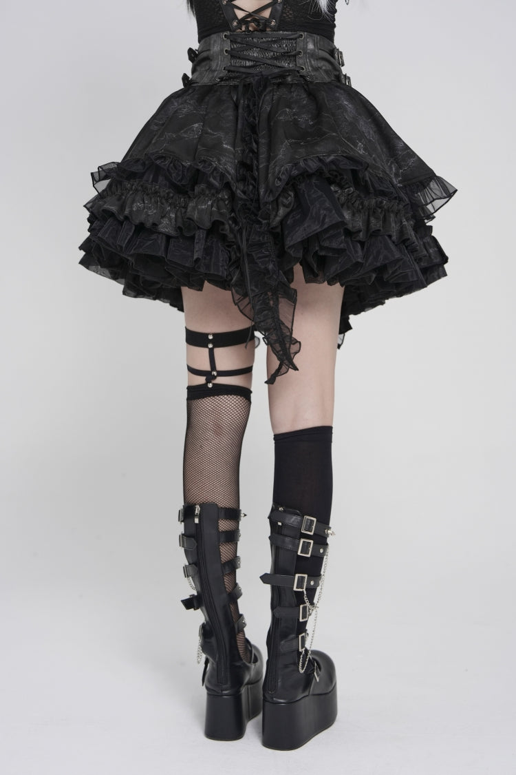 Black Multi-Layered Printed Spliced Lace Lace-Up Buckled Pleated Eyelet Women's Gothic Skirt