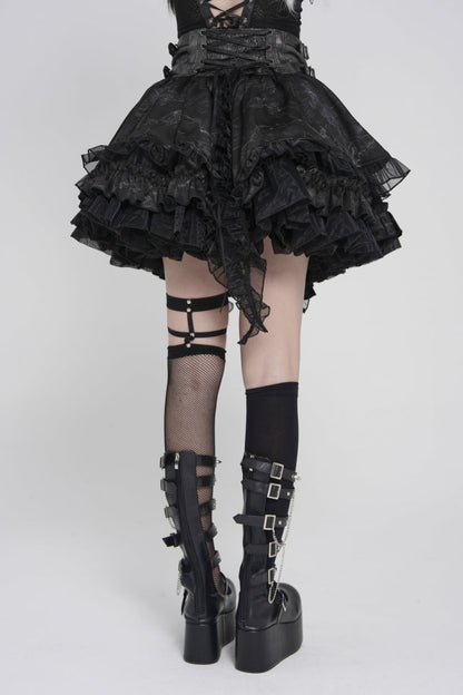 Black Multi-Layered Printed Spliced Lace Lace-Up Buckled Pleated Eyelet Women's Gothic Skirt