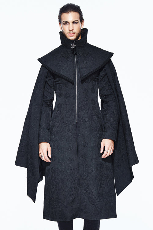 Black Gothic Pattern Mens Coat With Shawl Collar