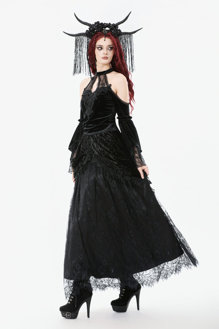 Black Off Shoulder Halterneck Long Trumpet Sleeves Cut-Out Lace Spliced Velvet Gothic Palace Top