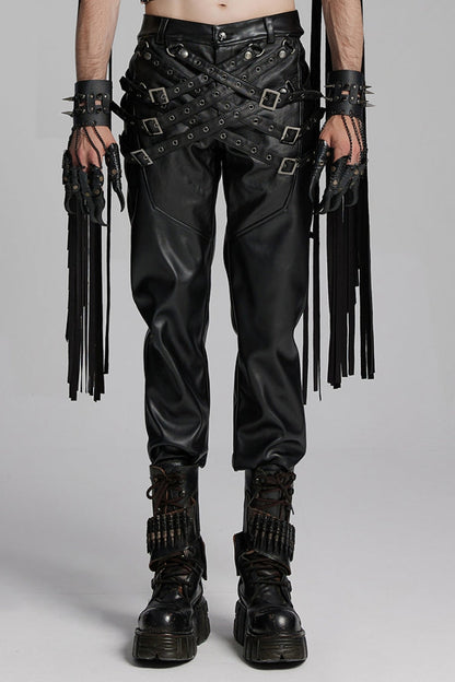 Black Mesh Buckle Strap Men's Punk Pants