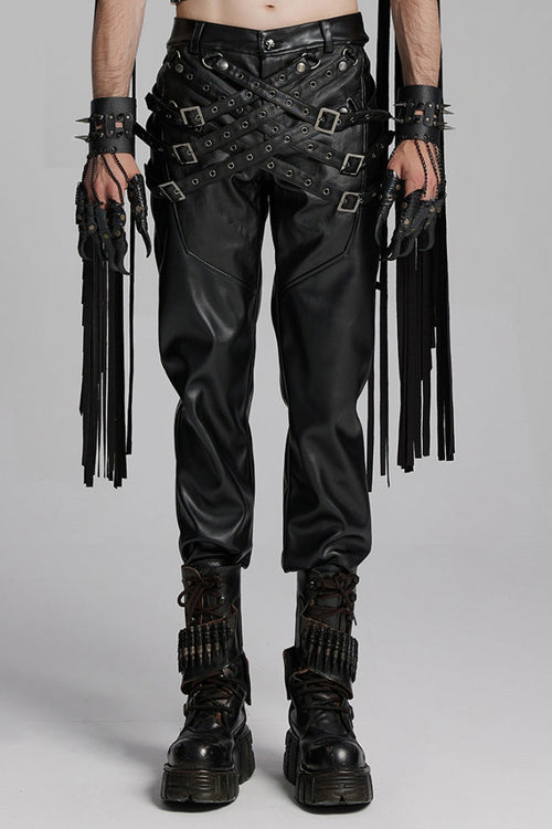 Black Mesh Buckle Strap Men's Punk Pants