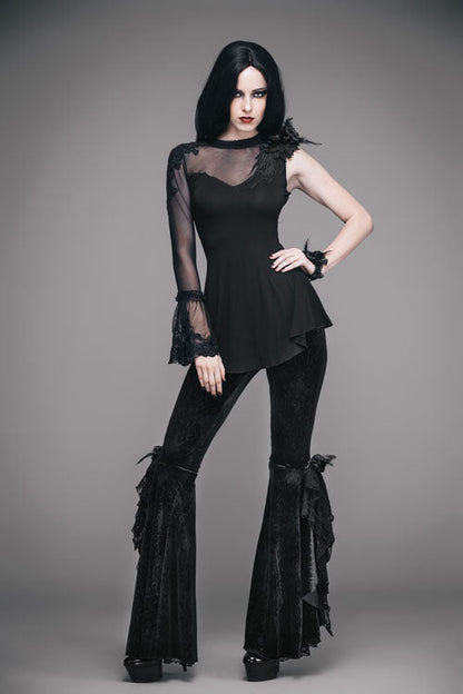Black Gothic Lace Hem Embossed Velvet Flare Womens Pants
