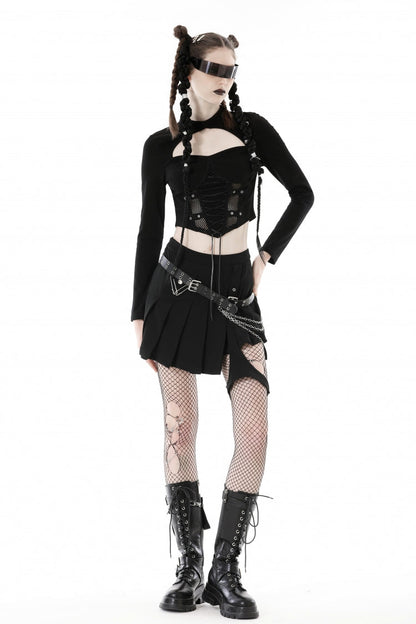 Black Long Sleeves Cut-Out Spliced Mesh Zippered Strappy Eyelet Women's Punk Crop Top